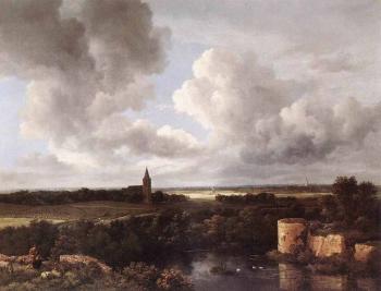 Jacob Van Ruisdael : An Extensive Landscape With A Ruined Castle And A Village Church